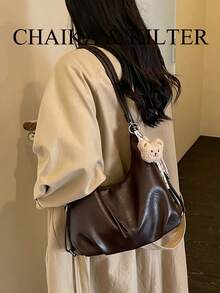1pc Fashion Crescent PU Fabric Shoulder Bag Suitable For Commuting, Shopping, Etc. (With Pendant) - Coffee - View 13