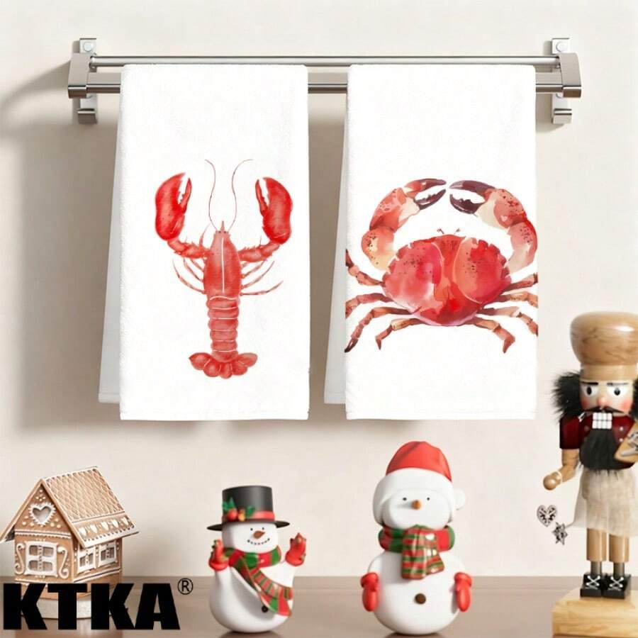 2pcs Watercolor Seafood Kitchen Dish Cloths, Lobster & Crab Pattern Printed Dish Towels, Ocean Theme Home Decor Hand Towels, Suitable For Kitchen