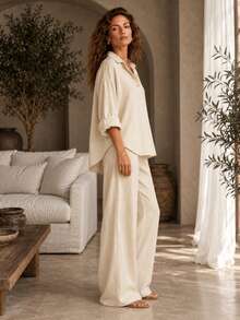 Women's Cream Yellow Textured 2 Pieces Set, Loose Lapel Half-Button Top With Wide Leg Pants, Elegant Casual Early Autumn Outfit - Apricot - View 6