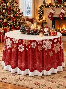 1 buah Rok Meja Natal, Motif Kepingan Salju Merah Putih, Penutup Meja Bundar Berumbai dari Poliester, Rok Meja Dekoratif Meriah untuk Meja Makan, Meja Hidangan Penutup, Prasmanan, Pesta Natal, Makan Malam Liburan, Dekorasi Rumah Musim Dingin - C - View 1