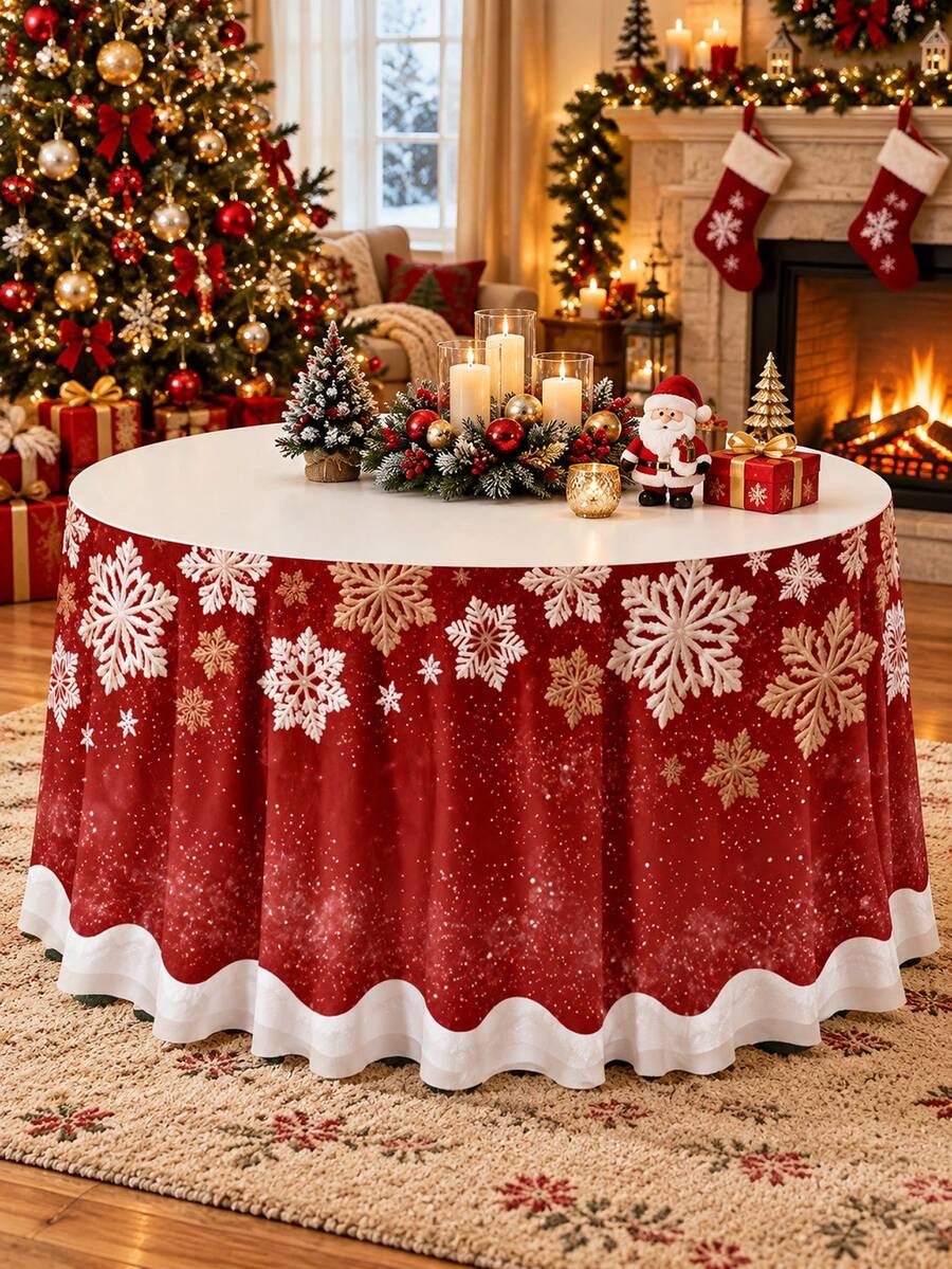1 buah Rok Meja Natal, Motif Kepingan Salju Merah Putih, Penutup Meja Bundar Berumbai dari Poliester, Rok Meja Dekoratif Meriah untuk Meja Makan, Meja Hidangan Penutup, Prasmanan, Pesta Natal, Makan Malam Liburan, Dekorasi Rumah Musim Dingin - C - View 1