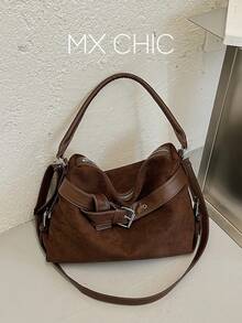 1pc Women's Autumn/Winter New Crescent Handbag, Fashion Minimalist Suede Bag, Suitable For Dating Gift, Commuting, Shopping - Coffee Brown - View 1