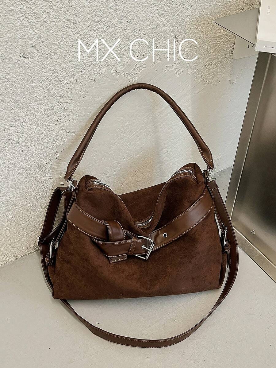 1pc Women's Autumn/Winter New Crescent Handbag, Fashion Minimalist Suede Bag, Suitable For Dating Gift, Commuting, Shopping - Coffee Brown - View 1