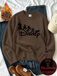 Women's Plus Size Casual Faux Knit Top, Soft And Comfortable Fabric, Disney Character And Letter Print, Suitable For Autumn/Winter Wear - Brown - View 5