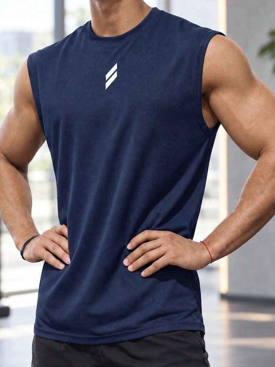 Men's Sleeveless Fitness Tank Top, Loose Fit Workout Shirt, Suitable For Running, Gym, Casual Street Style Sportswear - Navy Blue - View 1