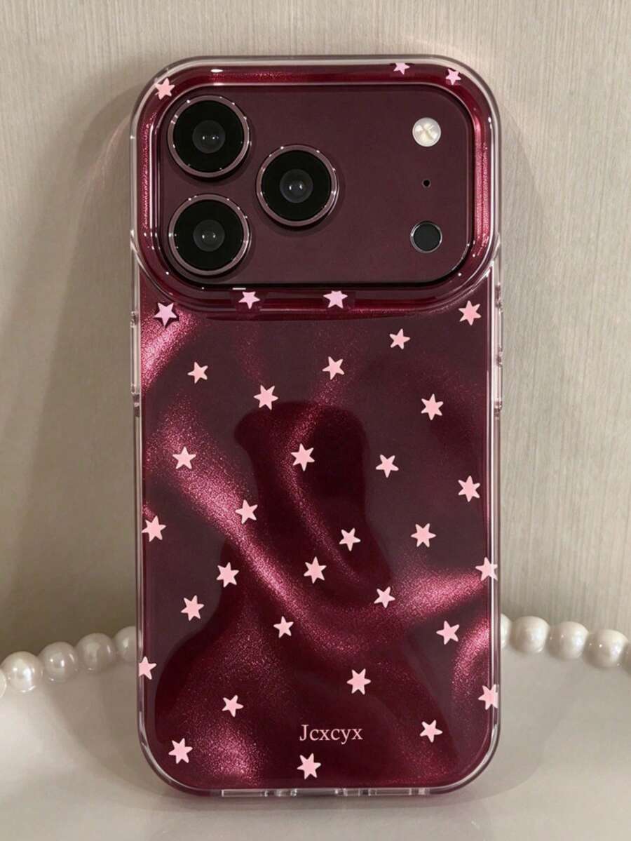 時尚可愛亮面亮片星星不對稱水波紋紋理手機殼,適用於 iPhone 18 Pro Max 17 Pro Max 16 15 Pro Max 13 14 Pro 14 15 16 Plus 17 13 15 16,防震亮面後蓋 - 勃根地紅 - 查看 1
