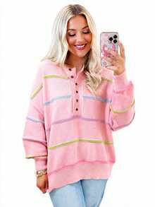 Acelitt Jersey holgado de cuello caído a rayas de arcoíris rosa - Rosa - Ver 1