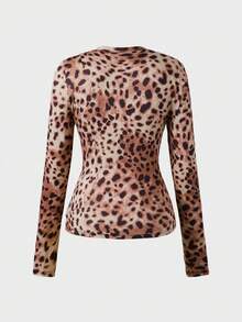 Casual Simple Fashion Daily Home Commute Round Neck Long Sleeve Basic Top, Casual Blouses, Basic Blouses, Chic Top, Leopard Print - Brown - View 7