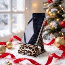 1 Pack Leopard Pattern Portable Wood Phone Stand, Adjustable Two Heights Cell Phone Holder, Multi-Function Desktop Decor & Storage Rack, Mobile Accessory, Christmas Halloween Party Supply, Gift For Friends - Multicolor - View 3