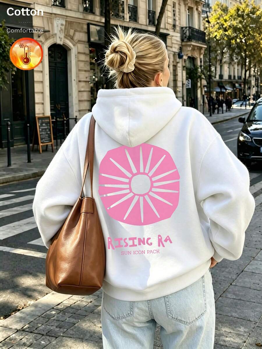 Women's Hooded Sweatshirt, Autumn/Winter Thermal Lined Long Sleeve Loose Fit Sweatshirt, Decorated With Sunburst Pattern - White - View 1