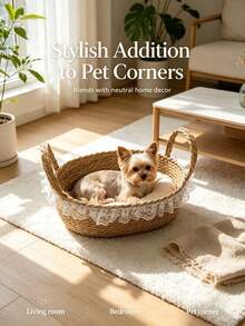 1pc Handmade Woven Pet Basket, Breathable Cat Bed Nest For Cats & Small Dogs, Indoor All Season Use - Multicolor - View 3