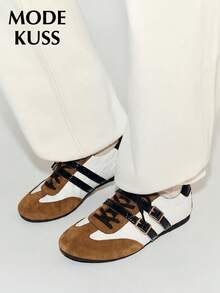 MODE KUSS Women's Fashion Minimalist Commuter Maillard Style Colorblock Double Buckle Casual White & Brown Slip-On Round Toe Lace-Up Patchwork Design Retro Daily Commuter Shoes - Off-white - View 3