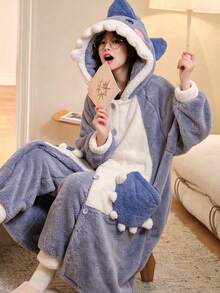 Cute Shark Hooded Bathrobe, Soft Fluffy Plush Wearable Blanket, 3D Cartoon Shark Design With Pockets, Oversized Thick Warm Wrap, Suitable For Indoor And Outdoor Camping, Women's Cartoon Dinosaur Wearable Hooded Plush Blanket, Button-Up Warm Fleece Sleeping Bag Blanket With Pockets, Suitable For Home, Camping, Party, Leisure, Family Entertainment And Theme Party - Multicolor - View 3