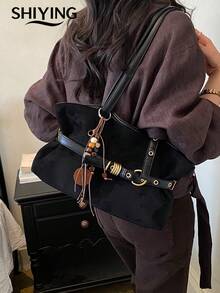 1pc Solid Color Suede New Women's Backpack, Shoulder Bag, Fashionable Large Capacity Baguette Bag, Zipper Closure, Dual Hand Carry, Suitable For Commuting, Shopping, Dating, Shopping - Multicolor - View 5