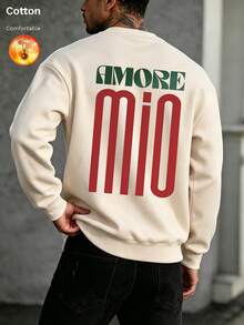 Men's Autumn/Winter Thermal Lined Crew Neck Loose Fit Sweatshirt, Printed With AMORE Mio - Apricot - View 1