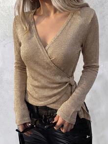 Women's Elegant Luxury Gold & Silver Glitter Cross V-Neck Knit Base Layer Top, Autumn/Winter Side Tie Wrap Slim Fit Long Sleeve Inner Wear, Solid Color Ribbed Cross Knot Design For Daily Commute, Dating, Party, Home Wear - Khaki - View 2