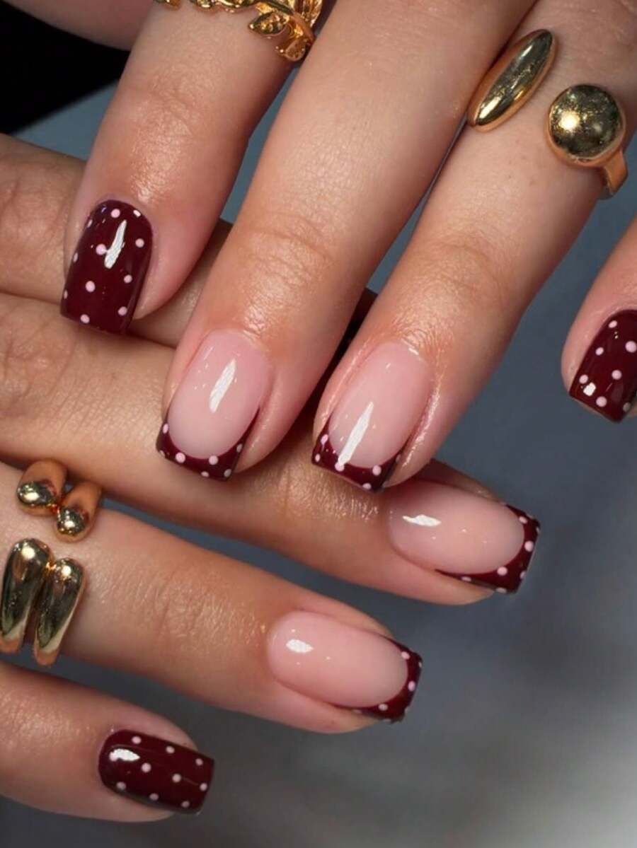 24pcs Short Rectangular Vintage Minimalist Burgundy French Polka Dot Design Press-On False Nails, Includes 1pc Jelly Glue And 1pc Nail File, Perfect For Women And Girls Party, Date, Wedding, Autumn/Winter Daily Wear - Multicolor - View 1