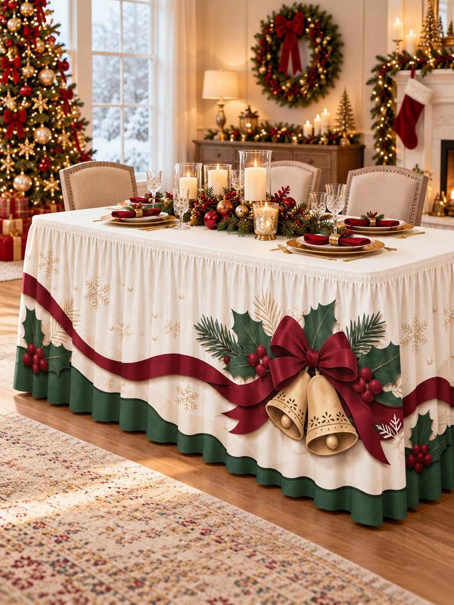 1pc Christmas Table Skirt, White Green Holly Berry Bell Bow Snowflake Print Polyester Ruffled Table Cover, Festive Decorative Table Skirting For Dining Table, Buffet, Dessert Table, Xmas Party, Holiday Dinner And Home Decor - A - View 1
