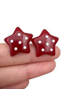 1 Pair Red Polka Dot Stud Earrings , Heart Star Round Shape Retro Style Ear Jewelry, For Women Daily Dating Party Wear, - Red - View 5