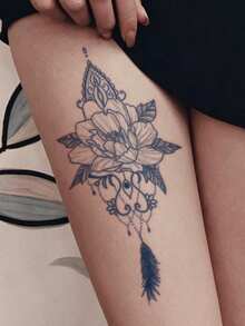 Herbal Juice Semi-Permanent Magic Tattoo Sticker, Bohemian Style Floral & Feather Pattern, Long-Lasting 14 Days, Non-Fading, Non-Reflective, Temporary Tattoo Sticker For Arm, Back, Leg, Body, 1pc/Pack - Blue - View 2