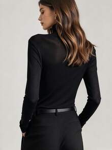 FLEXCHIC High-Neck Solid Color Mesh Base Layer Top For Women, Easy And Fashionable, Versatile Slim-Fit Sheer Long Sleeve Shirt,Black Top - Black - View 2