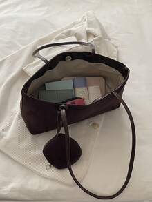 Minimalist Women's Tote Bag, Commuter Versatile Large Capacity Shoulder Bag With Small Pouch - Coffee Brown - View 4