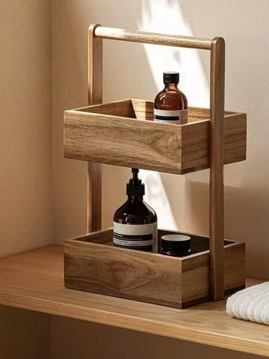 1pc Double Layer Wooden Storage Box, Office Use, Handheld Desktop Organizer, Wooden Box, Storage Box, Gift Box, Jewelry And Cosmetic Storage Box, Item Organization, Ample Storage Space, Desktop Organizer - View 1