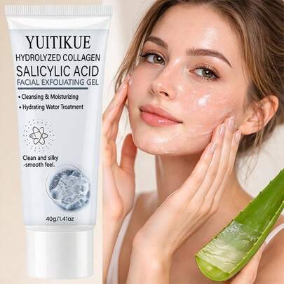 YUITIKUE Salicylic Acid & Hydrolyzed Collagen Facial Exfoliating Gel, Pembersih Pori-Pori Mendalam, Perawatan Kelembapan yang Melembapkan, Eksfoliasi Lembut untuk Mendapatkan Kulit Bersih dan Halus