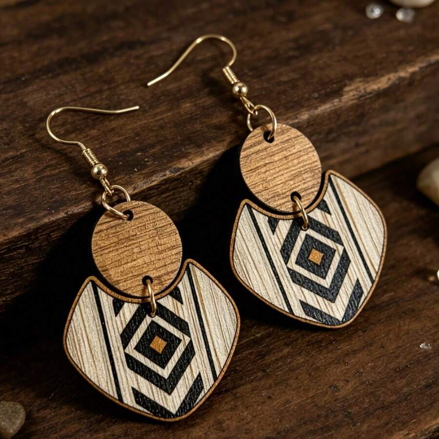 1 Pair Vintage Wooden Pendant Earrings, Bohemian Style Women's Earrings, Party Holiday Gift Jewelry - Multicolor - View 1