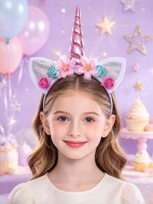 2pcs Cute Unicorn Horn Flower Decor Headband, Party Costume Headpiece, Photo Prop, Holiday Styling Headband - Multicolor - View 7