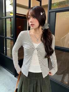 Autumn/Winter White & Black Striped 2 In 1 Long Sleeve T-Shirt Women's Cropped Top - Black and White - View 4