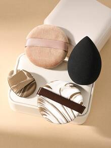 4pcs Brown Loose Powder + 4pcs Round Mixed Brown Mini Cushion + 2pcs Black Makeup Sponge Set, Dual-Use Dry & Wet Full Makeup Tools Suitable For Home Use Or Professional Makeup Artists - Multicolor - View 3