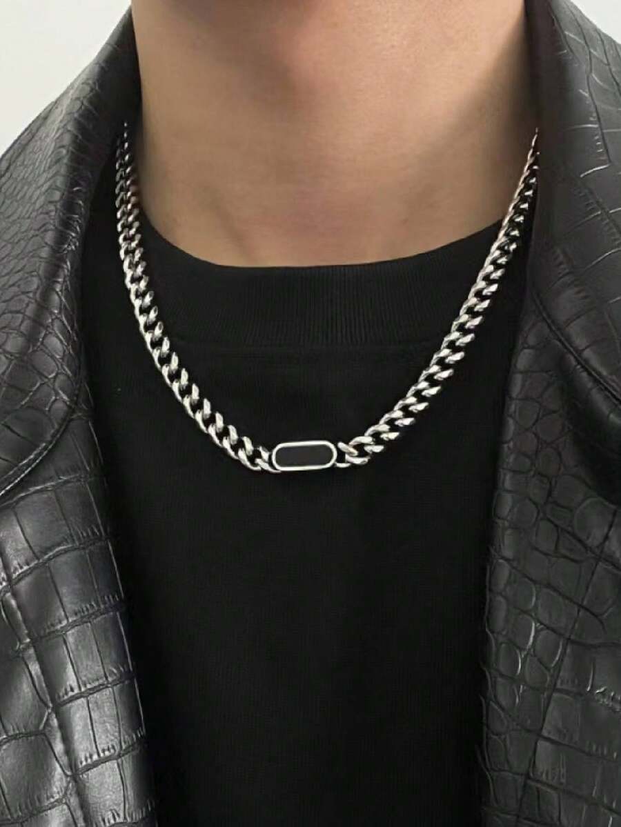 1pc Stainless Steel Unisex Personalized Minimalist Geometric Black Square Fashion Street Hip-Hop Necklace - Silver - View 1