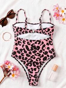 SwimNova Spring/Summer New Blue Leopard Print Elegant Casual Beach Vacation Party Date One-Piece Swimsuit - Multicolor - View 3