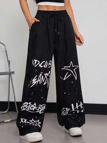 Pantalones largos sueltos con cordón en la cintura y estampado de letras estilo casual 90s Y2K para mujer, ropa de otoño para escuela en blanco y negro - A - Ver 1