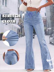 Women's High Waist Light Blue Washed Stretch Flare Jeans, Elastic ...