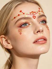 6pcs Bohemian Style Metallic Gold Foil Face Temporary Tattoo Stickers, Red Heart & Star Face Decals, Waterproof Transfer Tattoos, Suitable For Music Festivals, EDM Parties, Theme Parties, Christmas Makeup - Multicolor - View 3