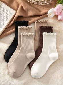 6/1 Pair Random Ruffle Ankle Socks, Soft And Comfortable Ribbed Crew Socks For Women, Fall Winter Daily Wear, Halloween Christmas Holiday Gifts - Multicolor - View 1