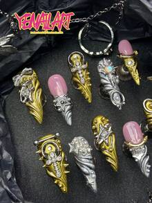 10片手工全覆蓋尖形穿戴甲，金色法式秋季美甲，Y2K奢華風，附果凍美甲貼紙與指甲锉，3D星星、蝴蝶結、珍珠裝飾設計，適合日常、戶外攝影、宴會、生日派對、婚禮使用 - 金色 - 查看 6