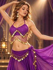 New Belly Dance Performance Top Featuring A Fish-Scale Sequin Design; A Stylish Accessory Adorned With Gold Tassels And Beadwork, Perfect For Stage Performances, Parties, Festivals, And Dance Shows-Offering An Elegant, Arabian-Inspired Look. - Multicolor - View 11