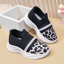 Leopard Print Kids Slip-On Sneakers, Mesh Breathable Lightweight Baby Casual Shoes - Black and Beige - View 5