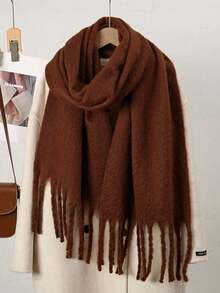 1pc Women Furry Tassel Scarf Shawl, Warm & Comfy For Outdoor & Everyday Wear, Autumn/Winter - Coffee - View 8