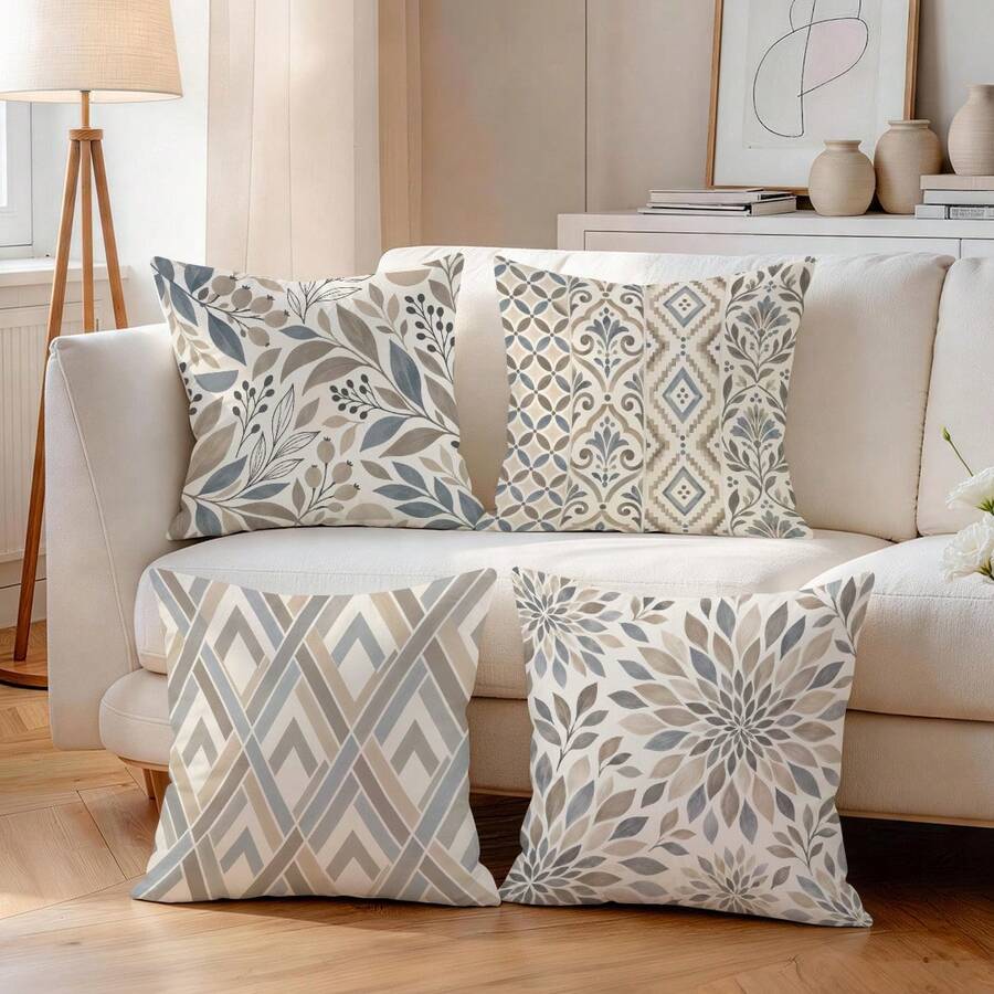 4pcs Bohemian Style Pillow Covers, Plant Geometric Floral Print Pattern Without Pillow Insert, Single-Sided Print Pillow Covers, Suitable For Living Room Bedroom Home Decor, All Season Pillow Covers - Multicolor - View 1
