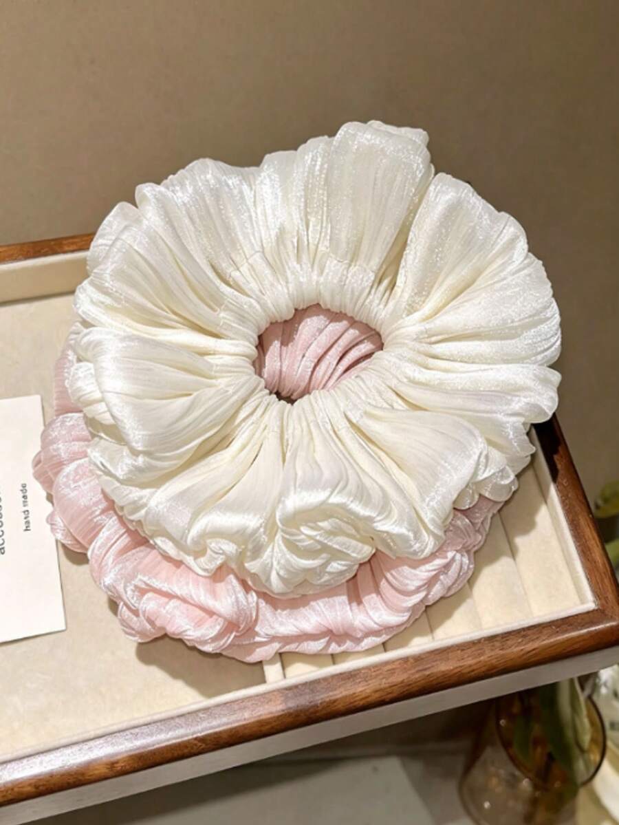 2Pcs Oversized Shimmer Pleated Satin Scrunchies, Large Ruffled Fabric Hair Tie, Elegant Solid Color Hair Accessories For Women Daily Hairstyle - Multicolor - View 1