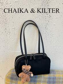 CHAIKA & KILTER 1件裝純色麂皮布料女款復古時尚啞光單肩保齡球包，對比色絎縫線條，雙手柄設計，拉鍊開合，適合日常與旅行使用 - 黑色 - 查看 5