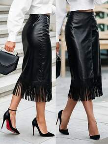 Women's Solid Color Tassel Hem Elegant Fashion Skirt - Black - View 1