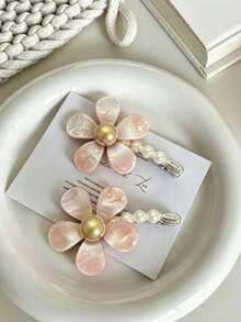 2pcs New Soft Pink Pearl Flower Side Bang Hair Clips, Girls Universal Hair Clips - Multicolor - View 6