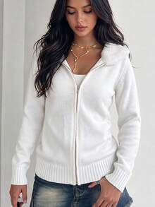 GLAMSKIN Women's Autumn/Winter Solid Color Knit Zip-Up Hooded Cardigan, Faux Fur Collar Long Sleeve Sweater Jacket, Fashionable Autumn Outfit - White - View 1