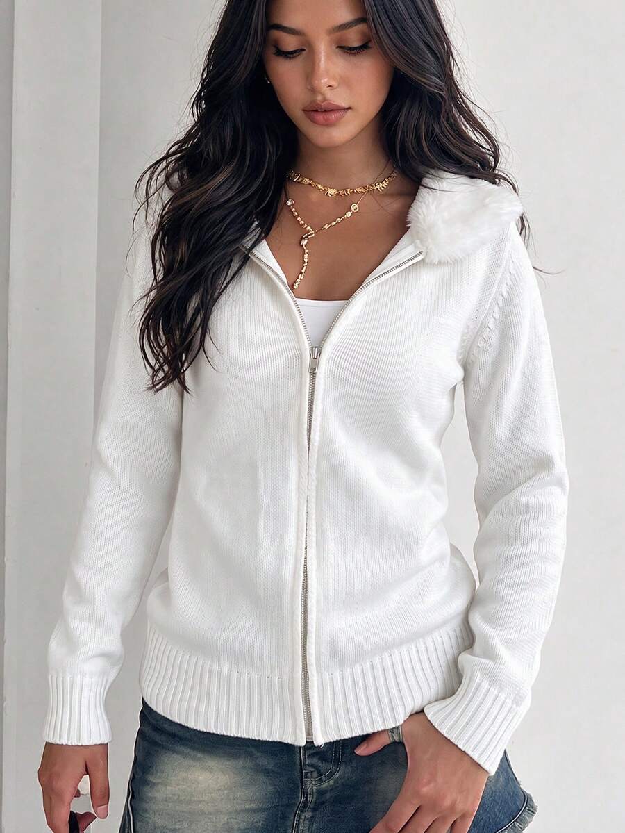 GLAMSKIN Women's Autumn/Winter Solid Color Knit Zip-Up Hooded Cardigan, Faux Fur Collar Long Sleeve Sweater Jacket, Fashionable Autumn Outfit - White - View 1