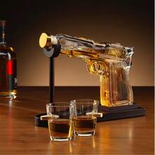 Whiskey Decanter Set 220ml With 2 Bullet Design Glasses And Wooden Stand – Lead-Free Glass Gift Set For Home Bar - Transparent - View 1